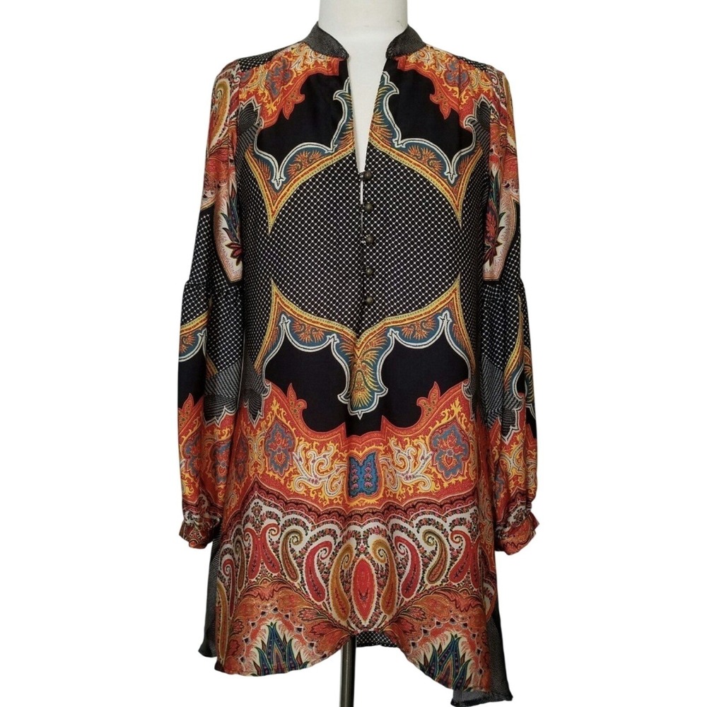 Ivy Jane Black Yellow & Orange Paisley Mini Dress V-Neck Long Sleeve Boho Dress